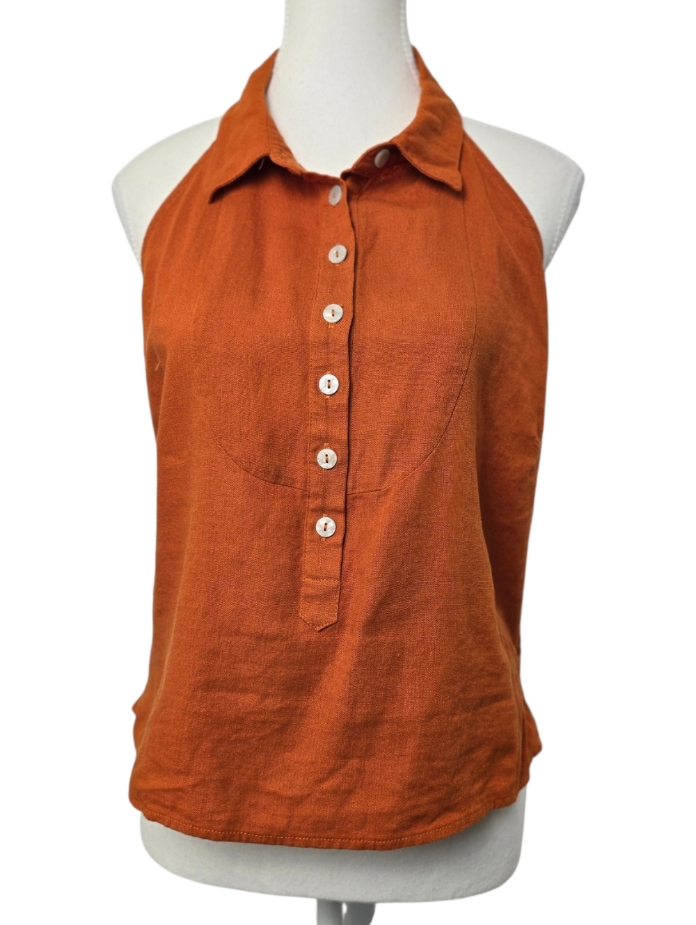 Joie Burnt Orange Linen Blend Halter Top Smocked Back Button Front Blouse Sz M